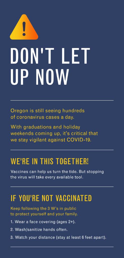 OHSUNews's tweet photo. Don’t let up now.
Oregon is still seeing hundreds of coronavirus cases a day. With graduations and holiday weekends coming up, it’s critical that we stay vigilant against COVID-19. #OregonForward https://t.co/RqZSAalf1K