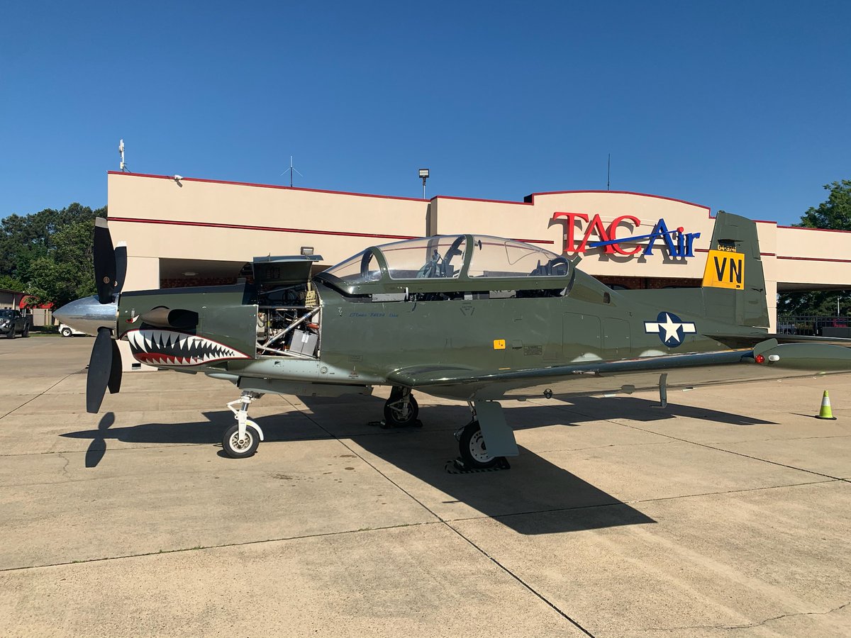 TACAir's tweet photo. Feeling special with the heritage paint scheme T-6 from Vance Air Force Base visiting us at #TACAir — TXK. It has a heritage paint scheme that honors the 33rd FTS that operated bombers in the Pacific theatre during WWII. 

#ThankfulThursday #WWII #TXK #AvGeek #VanceAirForceBase https://t.co/ezsXEAnFAy