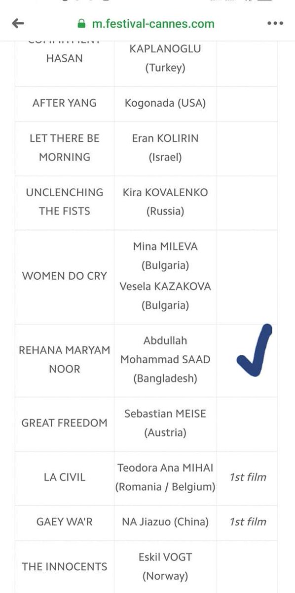 khansazzad1's tweet photo. What an Amazing news for Bangladesh! 
Festival de Cannes 2021 announced Bangladeshi filmmaker Abdullah Mohammad Saad's film 'Rehana Maryam Noor' as official selection in 'Un Certain Regard' category. Proud of you Saad and the Team. BIG Day for Bangladeshi Cinema https://t.co/pHCPsZhssh