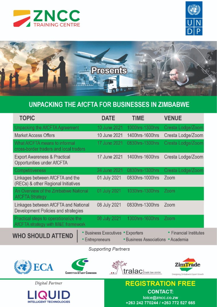 ZNCC National Office (@znccnational) on Twitter photo #AfCFTA Training for businesses in Zimbabwe- Training Schedule. Ensure your business takes advantage of opportunities arising from the AfCFTA.
Please do check and register!!
<a href="/AfCFTA/">AfCFTA Secretariat Official</a>connect
<a href="/ZimTradeAlerts/">ZimTrade</a>
<a href="/UNDPZimbabwe/">UNDP Zimbabwe</a> @AfCFTA <a href="/LiquidInTech/">Liquid Intelligent Technologies</a> <a href="/TradeLawCentre/">tralac | Trade Law Centre</a> <a href="/MoFA_ZW/">Ministry of Foreign Affairs and Int Trade</a> <a href="/MugagaTakunda/">Christopher Takunda Mugaga</a> #AfCFTA Training for businesses in Zimbabwe- Training Schedule. Ensure your business takes advantage of opportunities arising from the AfCFTA.
Please do check and register!!
<a href="/AfCFTA/">AfCFTA Secretariat Official</a>connect
<a href="/ZimTradeAlerts/">ZimTrade</a>
<a href="/UNDPZimbabwe/">UNDP Zimbabwe</a> @AfCFTA <a href="/LiquidInTech/">Liquid Intelligent Technologies</a> <a href="/TradeLawCentre/">tralac | Trade Law Centre</a> <a href="/MoFA_ZW/">Ministry of Foreign Affairs and Int Trade</a> <a href="/MugagaTakunda/">Christopher Takunda Mugaga</a>