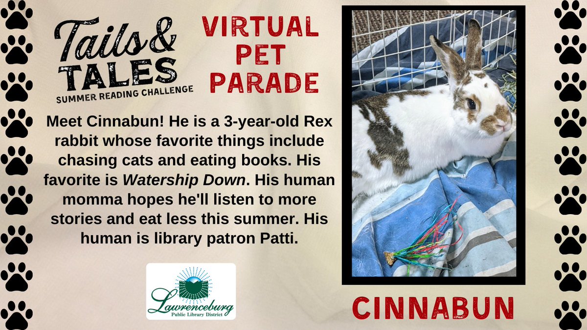 LawrenceburgLib's tweet photo. This is the first official week of the 2021 Summer Reading Challenge! The theme is Tails and Tales. Sign up at: https://t.co/RDjOhPkvDD - log in reading minutes. Win prizes! Then email us a photo for the Virtual Pet Parade to: adultprograms@lpld.lib.in.us
#TailsandTales
#LPLD https://t.co/j9YXWrgGX0