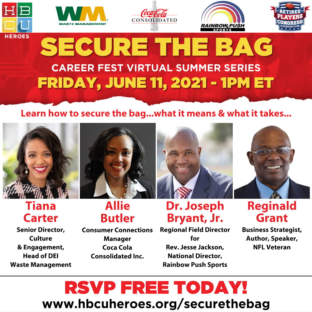 HBCU Heroes (@hbcuheroes) on Twitter photo #HBCUheroes proudly welcomes these trailblazers to our June 11th #SecureTheBag Career Fest. RSVP FREE to learn how to land your dream job/career-> hbcuheroes.org/securethebag.
<a href="/WasteManagement/">WM</a> <a href="/CokeCCBCC/">Coca-Cola Consolidated</a> @PlayersPastor <a href="/RPCoalition/">RainbowPUSHCoalition</a> <a href="/Rgdirty/">Reginald Grant</a> <a href="/NflCongress/">Retired NFL Players Congress</a> <a href="/ncatsuaggies/">North Carolina A&T</a> <a href="/JCSUniversity/">Johnson C. Smith U.</a> #HBCUheroes proudly welcomes these trailblazers to our June 11th #SecureTheBag Career Fest. RSVP FREE to learn how to land your dream job/career-> hbcuheroes.org/securethebag.
<a href="/WasteManagement/">WM</a> <a href="/CokeCCBCC/">Coca-Cola Consolidated</a> @PlayersPastor <a href="/RPCoalition/">RainbowPUSHCoalition</a> <a href="/Rgdirty/">Reginald Grant</a> <a href="/NflCongress/">Retired NFL Players Congress</a> <a href="/ncatsuaggies/">North Carolina A&T</a> <a href="/JCSUniversity/">Johnson C. Smith U.</a>