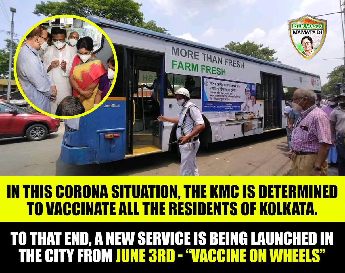 IndiaWantsMB's tweet photo. A bus was turned into a drive-through vaccination centre by @kmc_kolkata, which will travel to different markets of Kolkata to vaccinate “superspereader” groups including vegetable and fish vendors.

#VaccinationOnWheels #Kolkata #COVID19 #BengalFightsCorona #IndiaWantsMamataDi https://t.co/zZgF0OMeVN