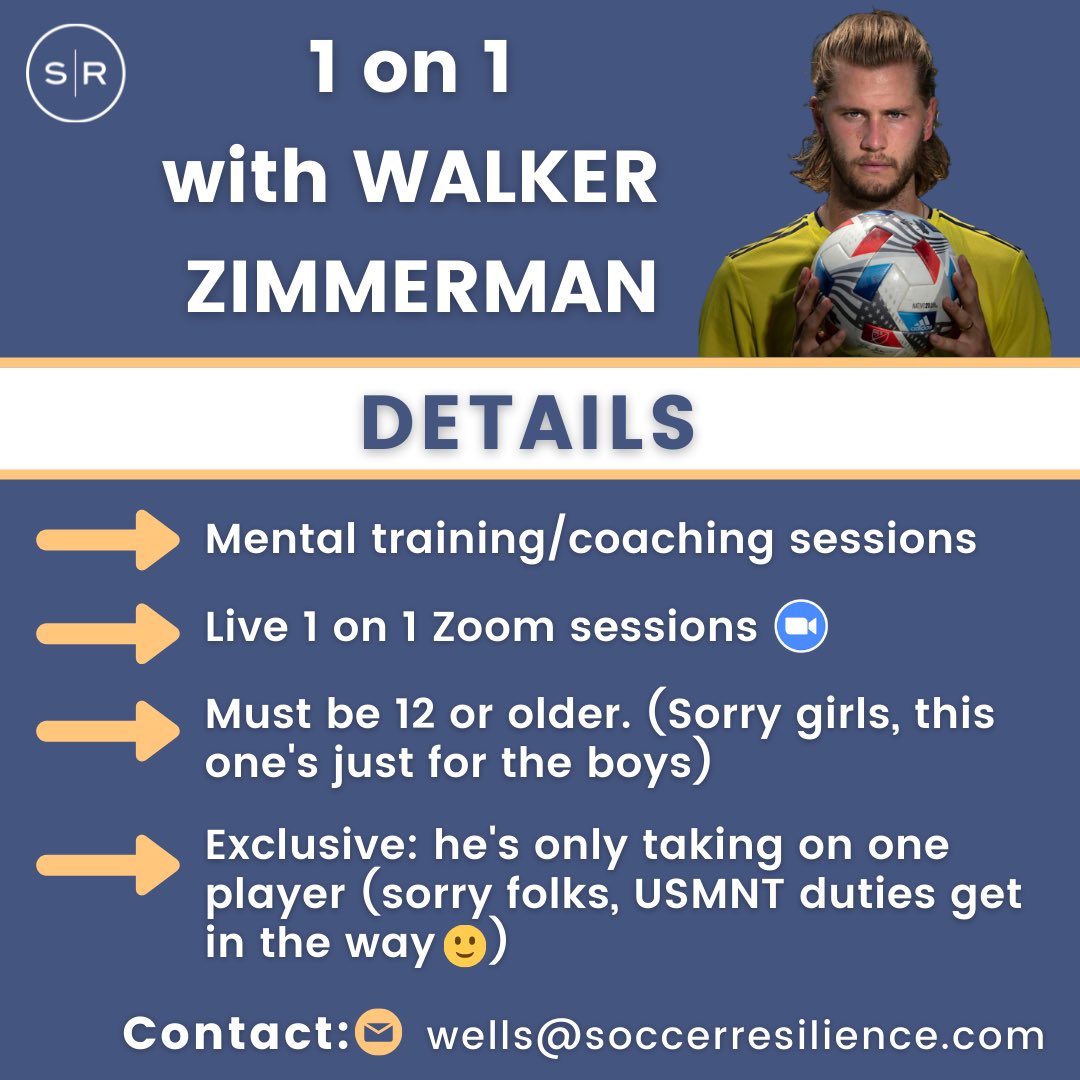 SoccerResilient's tweet image. Boys, don’t miss out on an opportunity to be mentored by @MLS defender of the year, @thewalkerzim 

He’s only taking one mentee!

Contact us at wells@soccerresilience.com for more information.

#soccerresilience #trainyourbrain #transformyourgame #walkerzimmerman #usmnt