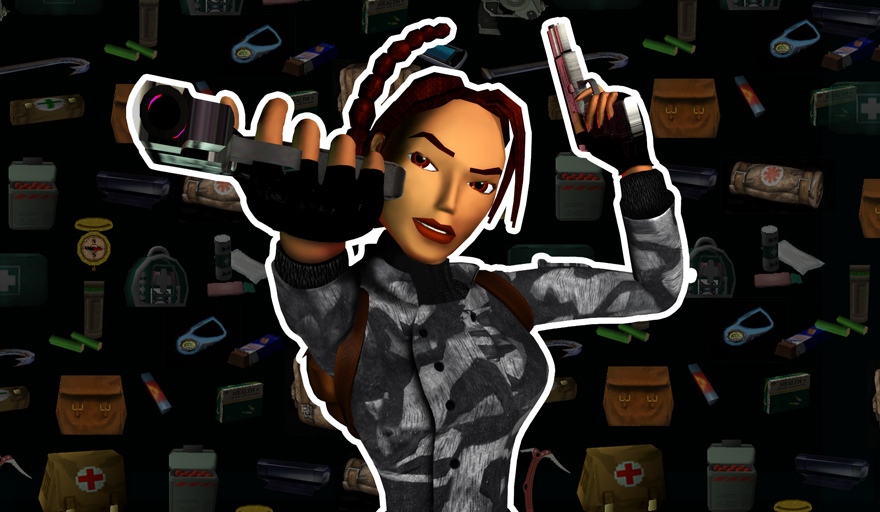 A graphic with a render of Lara Croft from Tomb Raider Chronicles in her camouflage outfit bordered in the center. The background features various gear icons from the series.