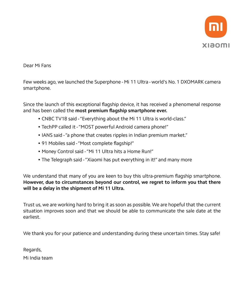 64_BitTech's tweet photo. Xiaomi has Released an Open Letter about The Mi11 Ultra5G's Sales 🙌
.
.
#Mi11 #Mi11Pro #Mi115G #Mi11Pro5G #Mi11Series #Xiaomi https://t.co/VTI71exhEA