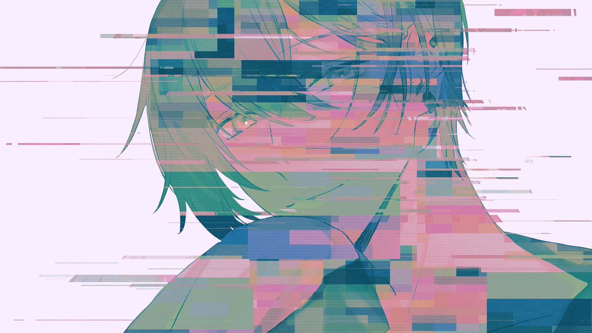 glitch 1boy solo male focus smile looking at viewer simple background  illustration images