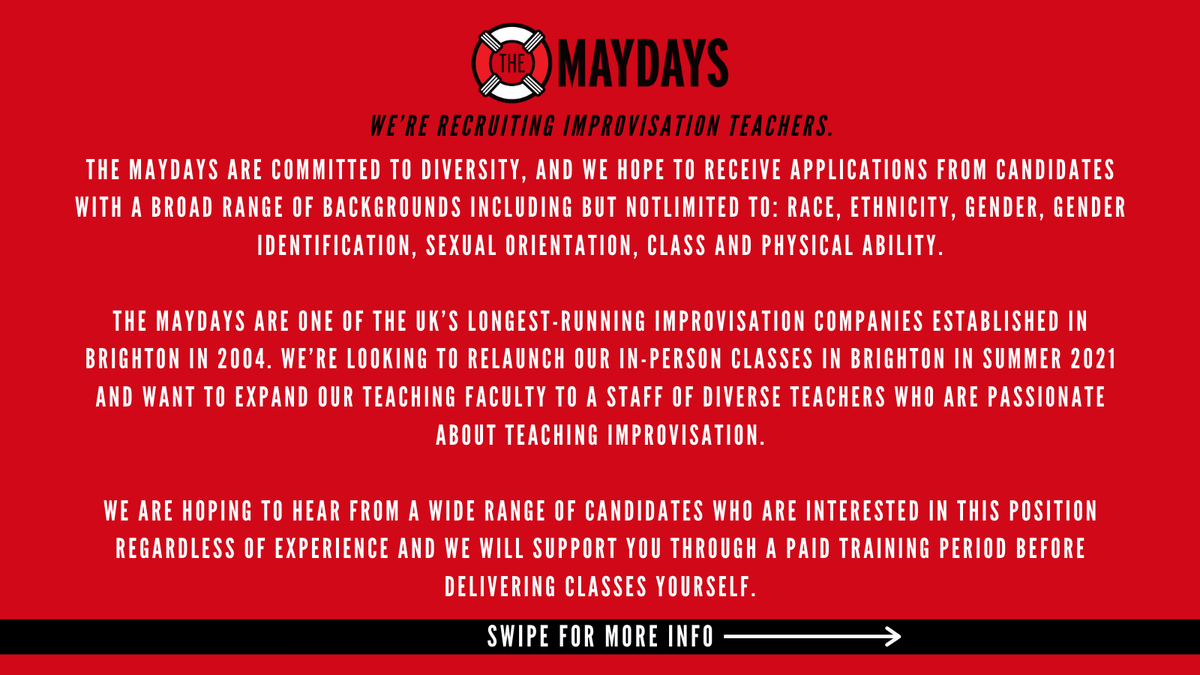 maydaysimprov's tweet photo. Come join our fabulous improv teaching team! ππ
Interested?
To apply, email mayday@themaydays.co.uk
#improvteacher #jointheteam #teachingrules #teachers #teacherlife #improvisation #improv #improvclasses #mayday https://t.co/owcDCBVl8Q