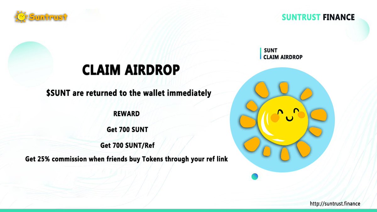 CLAIM AIRDROP
Copy Referral Link :  suntrust.finance/?ref=0x8cd3Da5…
Paste to DApp Browser one of the following wallets: Trust Wallet, Safepal Wallet, Metamask Wallet... to claim tokens and get referral link your or buy token sale
#Airdrop  #BSC #BinanceSmartChain #Sunt