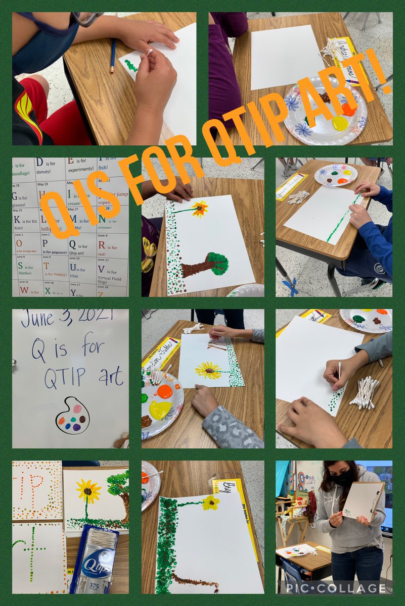 ChalktalkKelly's tweet photo. Letter countdown continues.  Today is Q is for Q-tip art!  Thanks to ⁦@mrseberz⁩ for leading us in pointillism!  @Qtips ⁦@vbschools⁩ ⁦@WoodchuckWorld⁩ #pointillism #Qtips #art #letterQ https://t.co/gk0zAAjp00