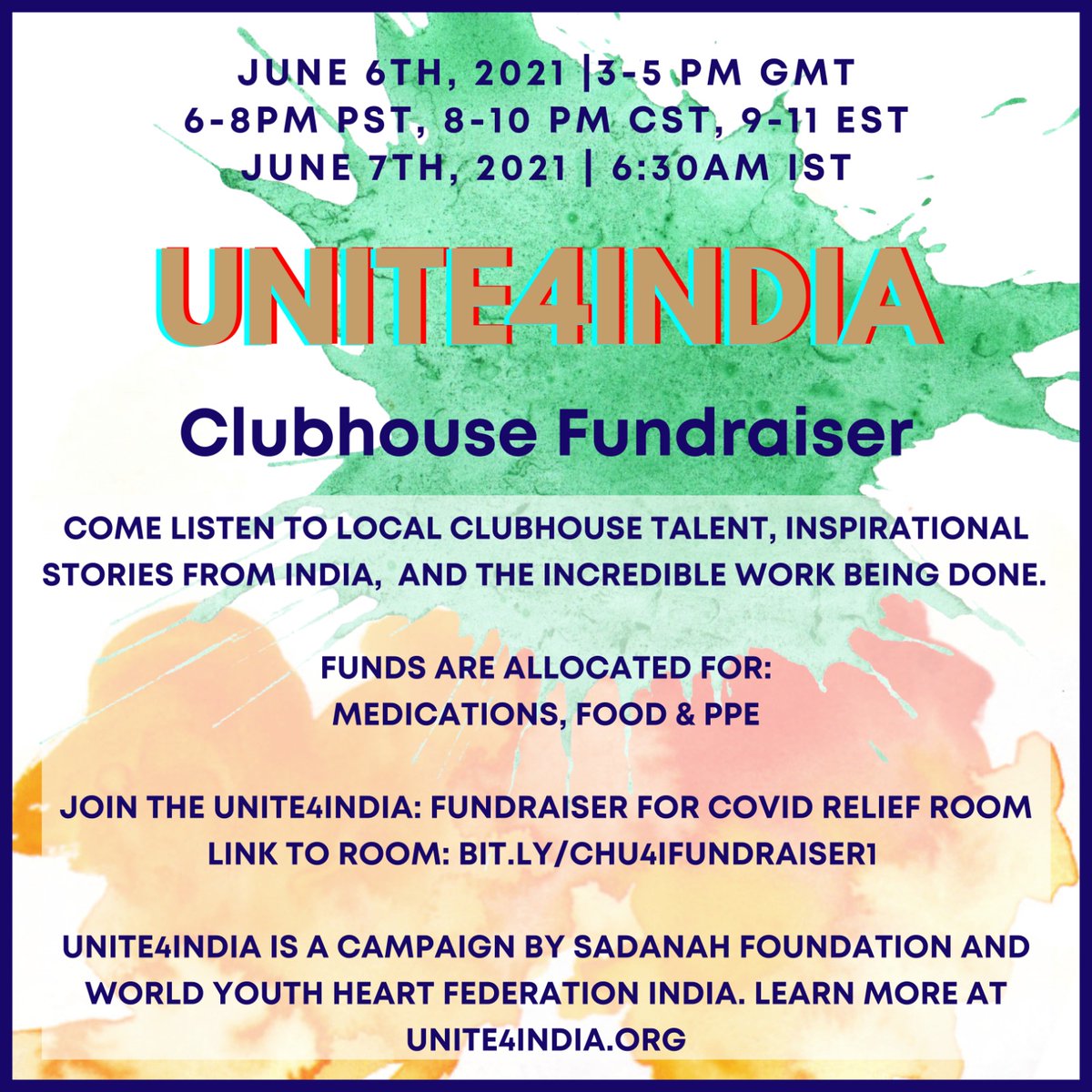 Join us: Sat June 6th 3PM GMT for #Unite4India <a href="/Clubhouse/">Clubhouse</a> fundraiser! #Clubhouse talent will be performing! Listen to inspirational stories from #India &amp; how we are helping #IndiaCovidCrisis. Join: bit.ly/CHU4IFUNDRAISE… #United4India #Unite4India #CHUnited4India