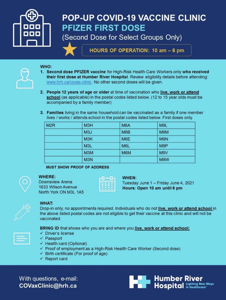 If you are 12 years or older and live, work, or go to school in one of the indicated postal codes, you are eligible to get you first dose of pfizer at downsview arena!