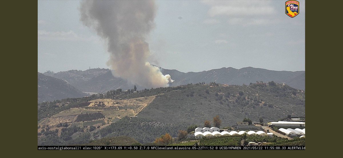 SMFD's tweet image. San Marcos Fire is assisting @CALFIRESANDIEGO to a vegetation fire in the community of Deer Springs. The fire is approx 5 acres with no threat to structures or @sanmarcoscity at this time. South bound I-15 freeway has been shut down. #deerfire