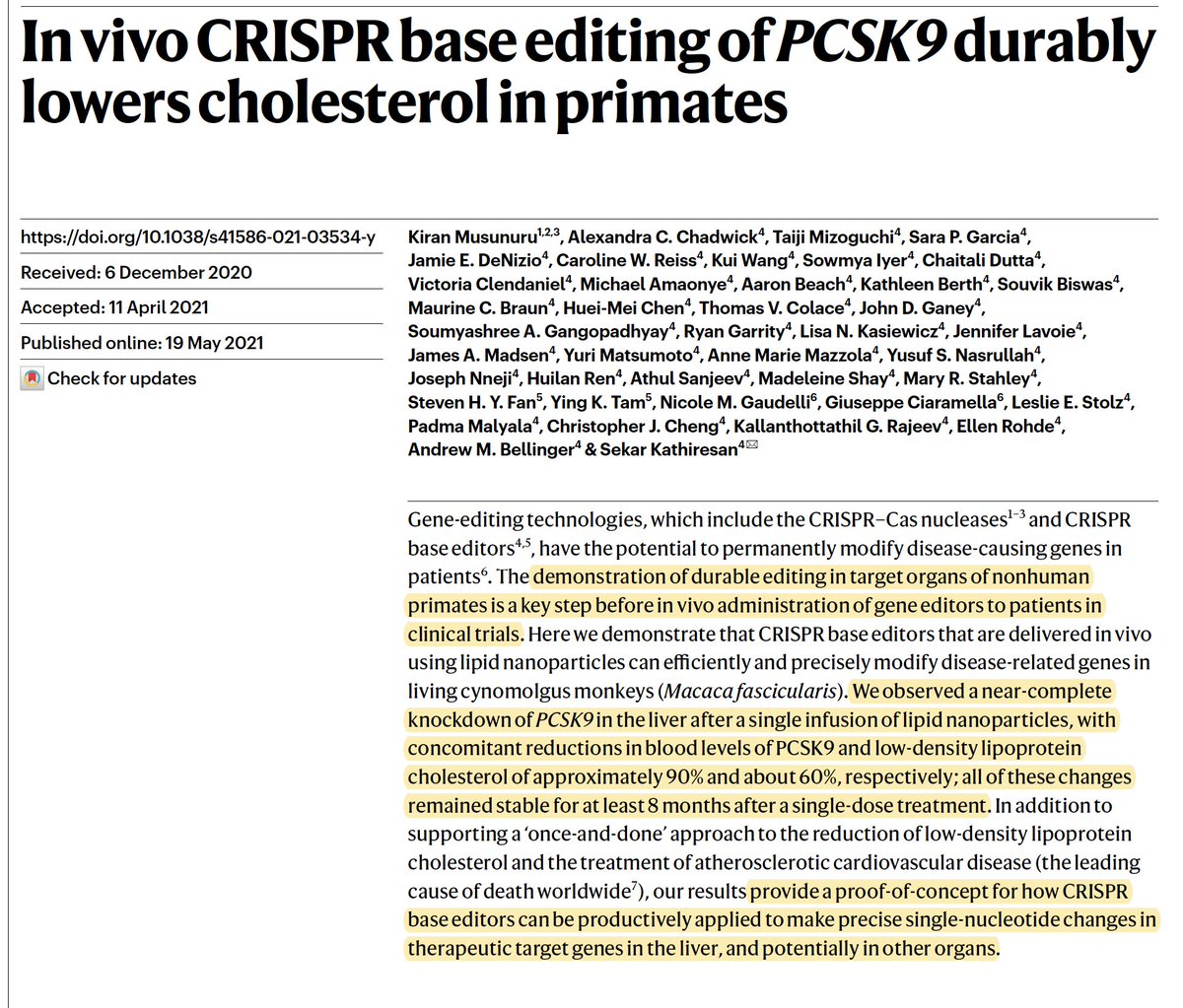 EricTopol's tweet photo. Two remarkable achievements in gene therapy and genome editing in 2 weeks
1. The potential cure for children born w/o an immune system https://t.co/GrI2VVHcKj @NEJM
2. Editing a gene to achieve profound & durable reduction in LDL cholesterol https://t.co/19i1fGm7dj
@nature https://t.co/0tTLo65KNV