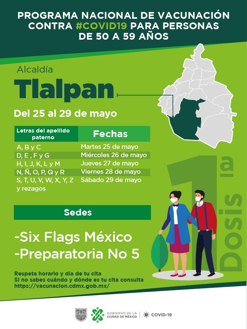 GobCDMX's tweet photo. Conoce las fechas 📆 para la vacunación contra #COVID19 para personas entre 50 y 59 años de las alcaldías: Álvaro Obregón, Azcapotzalco, 
Benito Juárez, Coyoacán, Miguel Hidalgo, Tlalpan y Venustiano Carranza.

👁️ Ubica día, hora y sede de tu cita: 👉https://t.co/MF44VDLf1r https://t.co/ePbl4DZG5W