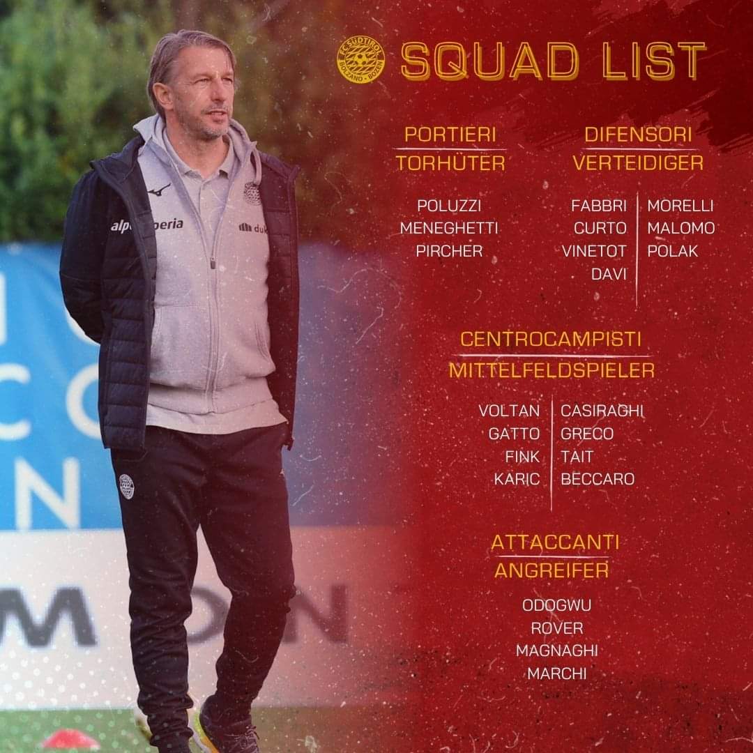 fclubsuedtirol's tweet photo. 📑CONVOCATI
Mister #Vecchi ha convocato 22 giocatori per la sfida di andata del primo turno nazionale dei #CPlayOff contro la @ProVercelli1892
#FCS #FCSüdtirol #FCSNews #PassioneBiancorossa #Whitereds #SerieC #passion #PVESUD #ProVercelliFCSüdtirol #LegaPro #22maggio #Playoff https://t.co/KruvFfYylE