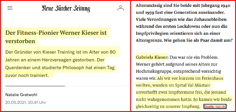 FrankenDemo's tweet photo. Werner #Kieser – "der führende #Gesundheitspapst in der Schweiz" – ist völlig unerwartet im Alter von 80 Jahren gestorben!

Offizielle Todesursache: #Herzversagen

In einem Interview vom 03.04.2021 bestätigte seine Frau jedoch, dass beide die #CoronaImpfung erhalten hatten ... 🤐 https://t.co/cvJT6XuypC