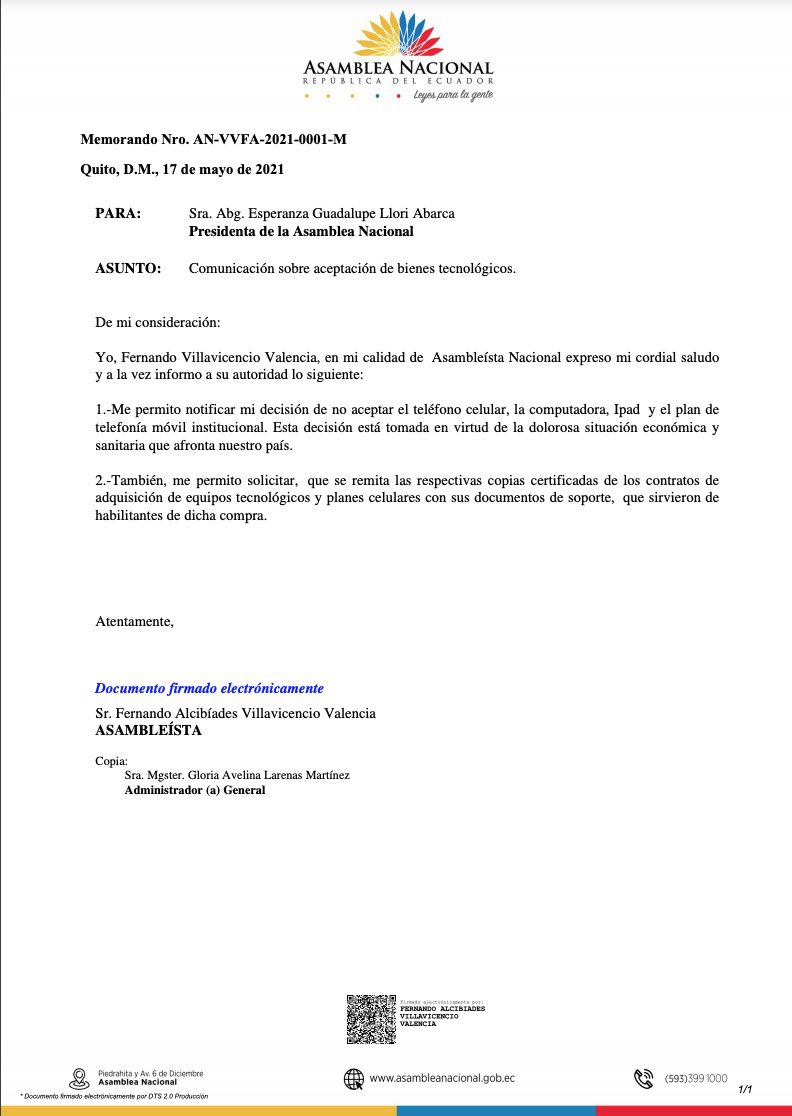 VillaFernando_'s tweet photo. ATENCIÓN| He comunicado a la presidenta de la @AsambleaEcuador mi decisión de no recibir el iPad, la computadora y el teléfono celular con plan. Esos recursos deben ser destinados a la educación de niños y jóvenes. Además, solicité información sobre esas contrataciones. https://t.co/vFENbZYQgx