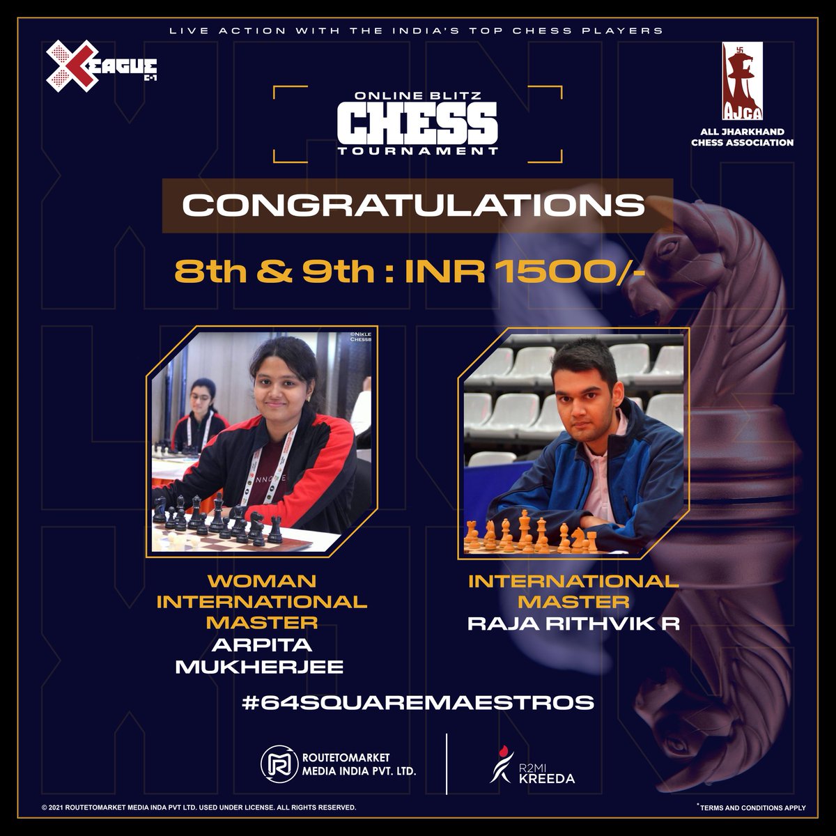 XONGLeague's tweet photo. Congratulations to the winners of the XONG League Online Blitz Chess Tournament C-1 🏆

8️⃣th &amp; 9️⃣th Prize - INR 1,500/- 

8️⃣ Woman International Master - Arpita Mukherjee 🏅
9️⃣ International Master - Raja Rithwik 🏅

"India's biggest Online Chess tournament" https://t.co/yV4az4P7m7