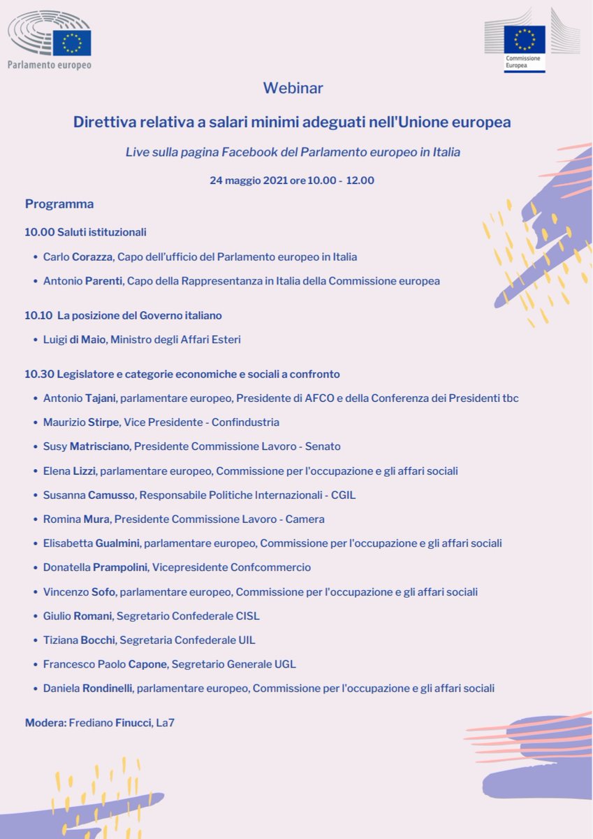 🎤E con: 

M. Stirpe <a href="/ConfindustriaEU/">ConfindustriaEU 🇪🇺🇮🇹</a>
<a href="/MatriscianoSusy/">Susy Matrisciano</a> <a href="/SenatoStampa/">Senato Repubblica</a>
<a href="/SusannaCamusso/">Susanna Camusso</a> <a href="/cgilnazionale/">CGIL Nazionale</a>
<a href="/RominaMura/">Romina Mura</a> <a href="/Montecitorio/">Camera dei deputati</a> 
<a href="/DonatellaPM/">Donatella Prampolini</a> <a href="/Confcommercio/">Confcommercio</a>
G. Romani <a href="/CislNazionale/">CISL Nazionale</a>
T. Bocchi <a href="/UILofficial/">Uil Nazionale</a>
F. P. Capone <a href="/UGLConf/">UGL Confederazione</a>
<a href="/AParentiEU/">Antonio Parenti</a>
<a href="/CorazzaEP/">Carlo Corazza</a> 

Modera <a href="/FredianoFinucci/">Frediano Finucci</a> <a href="/TgLa7/">Tg La7</a>