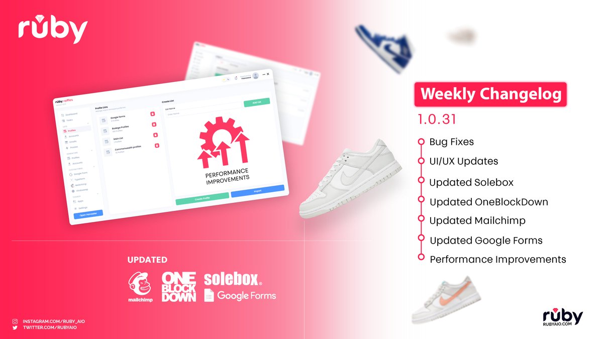 RubyAIO's tweet image. Ruby 1.0 weekly changelog brings improved performance, and updates to our mailchimp module.

With this you are able to enter custom mailchimp raffles on the fly!

Interested in joining one of our affordable monthly tiers?

Visit: rubyaio.com

-Like and follow