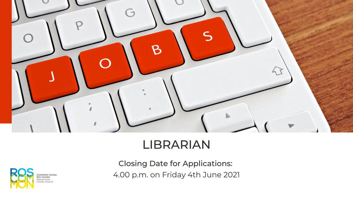 roscommoncoco's tweet photo. Roscommon County Council are inviting applications from suitably qualified persons for the position of:
✔️LIBRARIAN
Details at: ⏩https://t.co/ENYlRNtyCq
📅Closing date for applications is 4p.m. on Fri 4th June 2021
#RoscommonJobs #Roscommon #Jobs #JobOpportunities #Librarian https://t.co/TES5CxN101