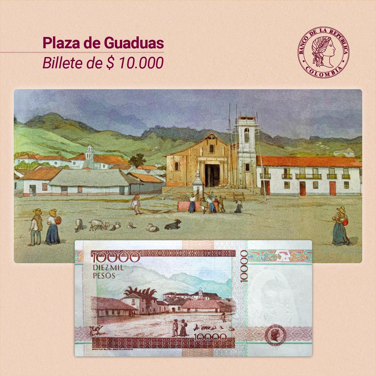 BancoRepublica's tweet photo. ¿#AlgunaVez tuvo la oportunidad de ver 👀 el pueblito que aparece en el billete de $10.000 de la antigua familia? En esta pieza 💵, que hace homenaje a Policarpa Salavarrieta, está plasmado un fragmento de una acuarela 🎨 panorámica de la plaza de Guaduas, Cundinamarca🇨🇴. https://t.co/c0tumxhdyj