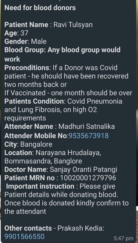 Calling donor🩸 
Ravi Tulsiyan 37 any group
Hosp Narayana hridralaya Blr
Need 5U daily 
Madhuri 9535673918
<a href="/BloodAid/">BloodAid</a> <a href="/BloodDonorsIn/">Blood Donors India</a> <a href="/BloodAid/">BloodAid</a> <a href="/NeedBloodBlr/">Need Blood Bangalore</a> <a href="/TeamSOSIndia/">Team S.O.S India</a> <a href="/mercymission1/">MercymissionIndia</a> <a href="/Bloodhelpline/">Bloodhelpline</a> <a href="/OnlineBlooDonor/">OnlineBloodDonors🇮🇳 🙏🏽</a> <a href="/WeAreBangalore/">We Are #Bangaluru</a> <a href="/ELister_social/">ELister - Blood Donors 🇮🇳</a> <a href="/SoodFoundation/">Sood Charity Foundation</a>