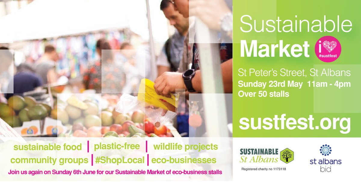 St Albans Sustainable Market is tomorrow! Sunday, 11am-4pm, central St Albans
60+ stalls - eco-businesses, community groups and vegan street food. Free. Just turn up.
#SustFest21 launch event Huge thanks to sponsors @StAlbans_BID . sustfest.org/sustainablemar…