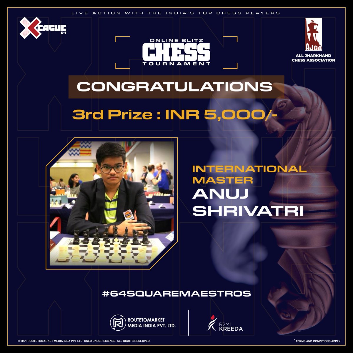 XONGLeague's tweet photo. Congratulations to the winners of the XONG League Online Blitz Chess Tournament C-1 🏆

3️⃣rd Prize - INR 5,000/-
International Master - Anuj Shrivatri 👑🥉

"India's biggest Online Chess tournament"

#XONG #XONGleague #ChessTournament #OnlineChess #IndianChessPlayer #ChessIndia https://t.co/pmI8cOdM1U