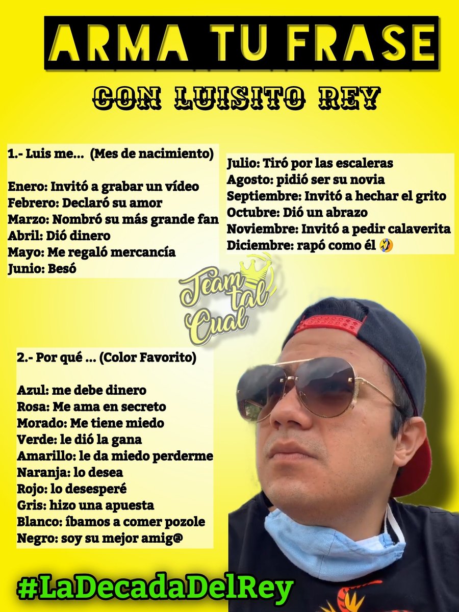TeamTalCual's tweet photo. Sigamos con el Festejo 🥳🥳🥳
Arma tu frase con luisito Rey 😎 👑
Veamos que les da 😂👌🏻
-
Que tengan un excelente fin de semana 💖
-
#semanaespecialdoble #LaDecadaDelRey #luisitorey👑 #kingdom @luisitorey
~🅰️👑 https://t.co/RFti9Iu3KD
