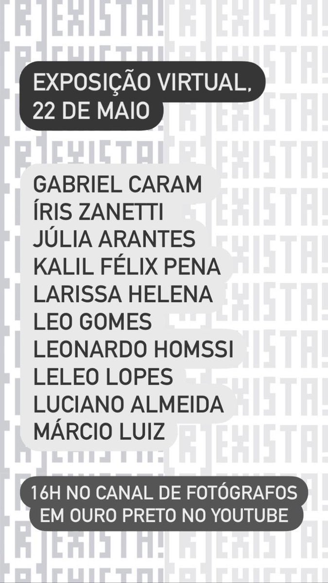 fotografosemop's tweet photo. #Edição2021 Exposição Virtual, com os fotógrafos Gabriel Caram, Íris Zanetti, Júlia Arantes, Kalil Félix Pena, Larissa Helena, Leo Gomes, Leonardo Homssi, Leleo Lopes, Luciano Almeida e Márcio Luiz. 
22/05, 16h, no YouTube (link na bio) https://t.co/5vmtKylklz