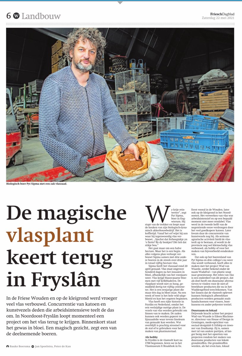 Eileenblackmore's tweet photo. Mooi artikel Friesch Dagblad over ons project Wad van waarde. Vlas in Fryslân tbv biodiversiteit én alternatief voor plastic soep!
#wadvanwaarde
#vanwastenaarbiobased
#dagvandebiodiversiteit 
#circulairdesign
@waadrane @hodnl @erfskip @VDBZadenVlas #ecoras @TCNN_info @vanhulley https://t.co/5O5aJAMbGo