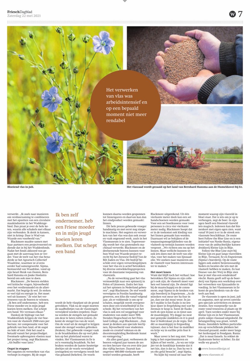 Mooi artikel Friesch Dagblad over ons project Wad van waarde. Vlas in Fryslân tbv biodiversiteit én alternatief voor plastic soep!
#wadvanwaarde
#vanwastenaarbiobased
#dagvandebiodiversiteit 
#circulairdesign
<a href="/waadrane/">Collectief Waadrâne</a> <a href="/hodnl/">House of Design</a> <a href="/erfskip/">it Erfskip</a> <a href="/VDBZadenVlas/">Vandebilt Zaden&Vlas</a> #ecoras <a href="/TCNN_info/">TCNN</a> @vanhulley