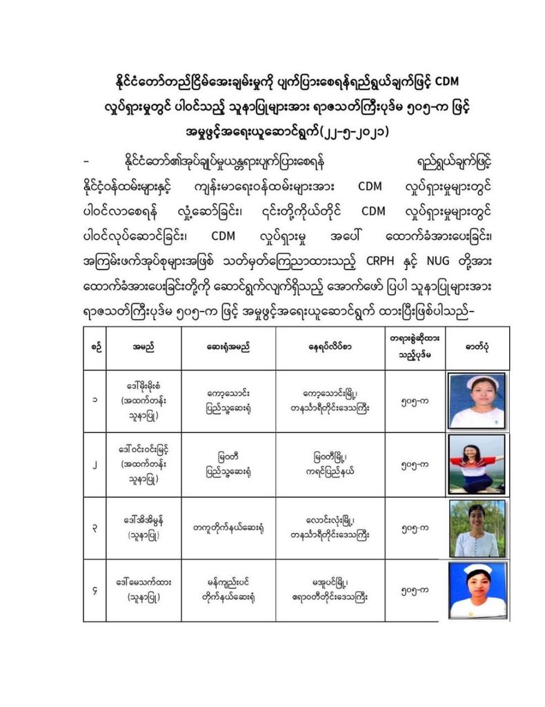 KhaingZinMyo7's tweet photo. Following 10 nurses, with the total of 150 so far, are put on the warrant list under section 505-A for participating in the #CivilDisobedienceMovement. 
#May22Coup 
#WhatsHappeningInMyanmar https://t.co/DoQL4LUdLX