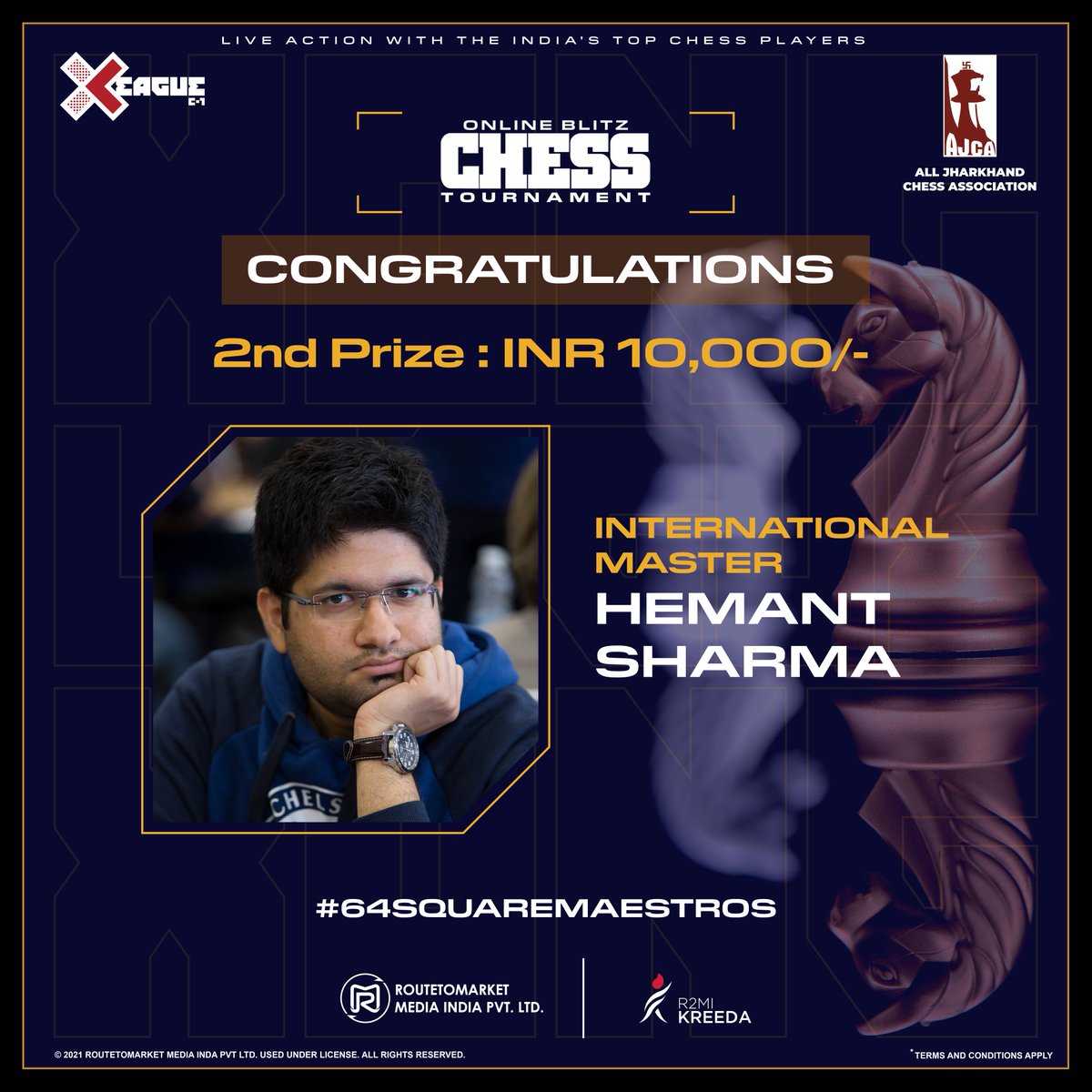 XONGLeague's tweet photo. Congratulations to the winners of the XONG League Online Blitz Chess Tournament C-1 🏆

2️⃣nd Prize - INR 10,000/-
International Master - Hemant Sharma 👑🥈

"India's biggest Online Chess tournament"

Stay tuned for the next tournament! ⏳

#XONG #XONGleague #ChessIndia https://t.co/xGXtWhTTUO