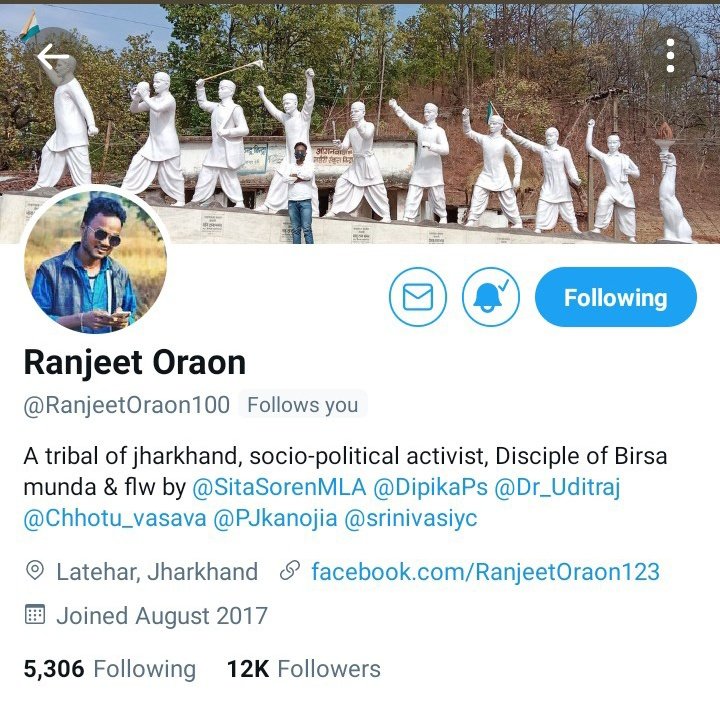 पुराने एकाउंट @RanjeetOraon100 में पूरे 12k फॉलोवर थे, जो किसी कारण वश संघियों की वजह से सस्पेंड करा दिया गया है, आप अकॉउंट रिस्टोर तक नही करा पायें, परंतु आज जितने साथी इस नए आईडी @RanjeetOraon101 से जुड़े नही हैं, वे लोग फॉलो कर लें वरना बाद में मैं फॉलो नही करूँगा.
#जोहार