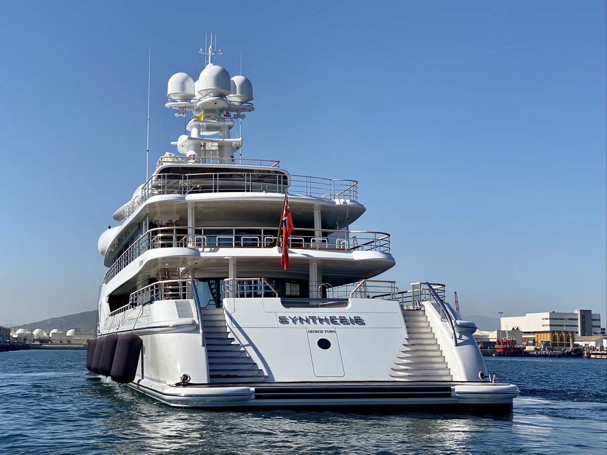 Dutchyachting's tweet photo. The 74m/ 242ft #Synthesis (ex #LE24205) in #Gibraltar last Tuesday. For the video, please have a look here: https://t.co/jryeua4d5U Photos by Gibraltar Yachting. https://t.co/OKSxsVMlZ9