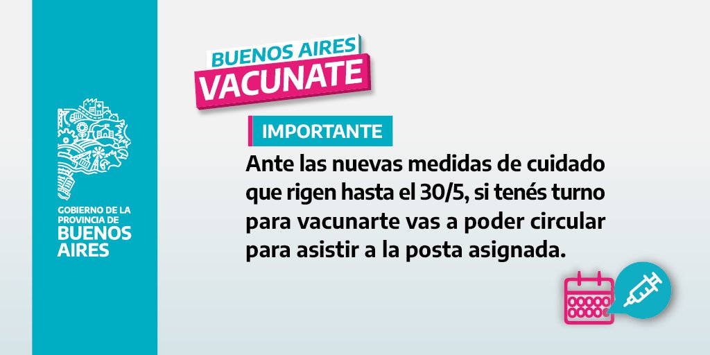 BAProvincia's tweet photo. Información importante⚠️
 
Ante las nuevas medidas de cuidado, si tenés turno para vacunarte podés concurrir a la posta que te asignaron 🗓💉
 
#BuenosAiresVacunate continúa, sigamos poniendo el hombro. https://t.co/2jJMPcDtOU