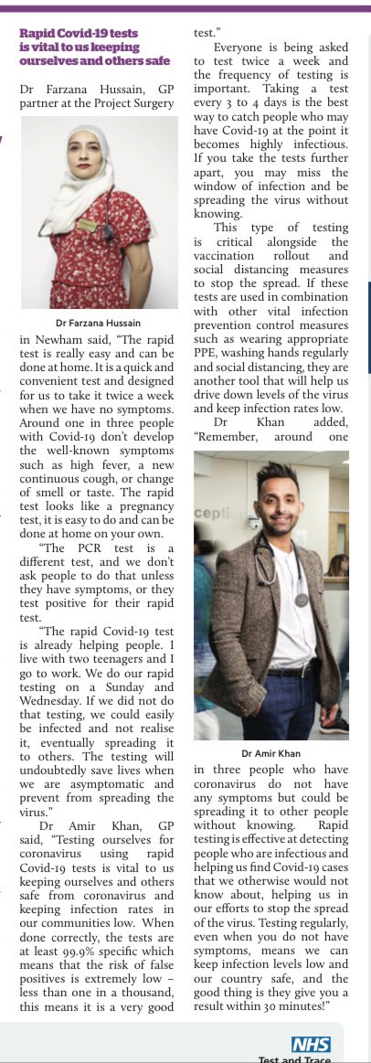 Let’s remember to test ourselves twice a week with the  lateral flow home tests for covid. Remember 1 in 3 of us have no symptoms with covid. As we enjoy going out again, let’s keep each other safe. Great to see this feature in Asian voice news and the lovely <a href="/DrAmirKhanGP/">Dr Amir Khan GP</a>