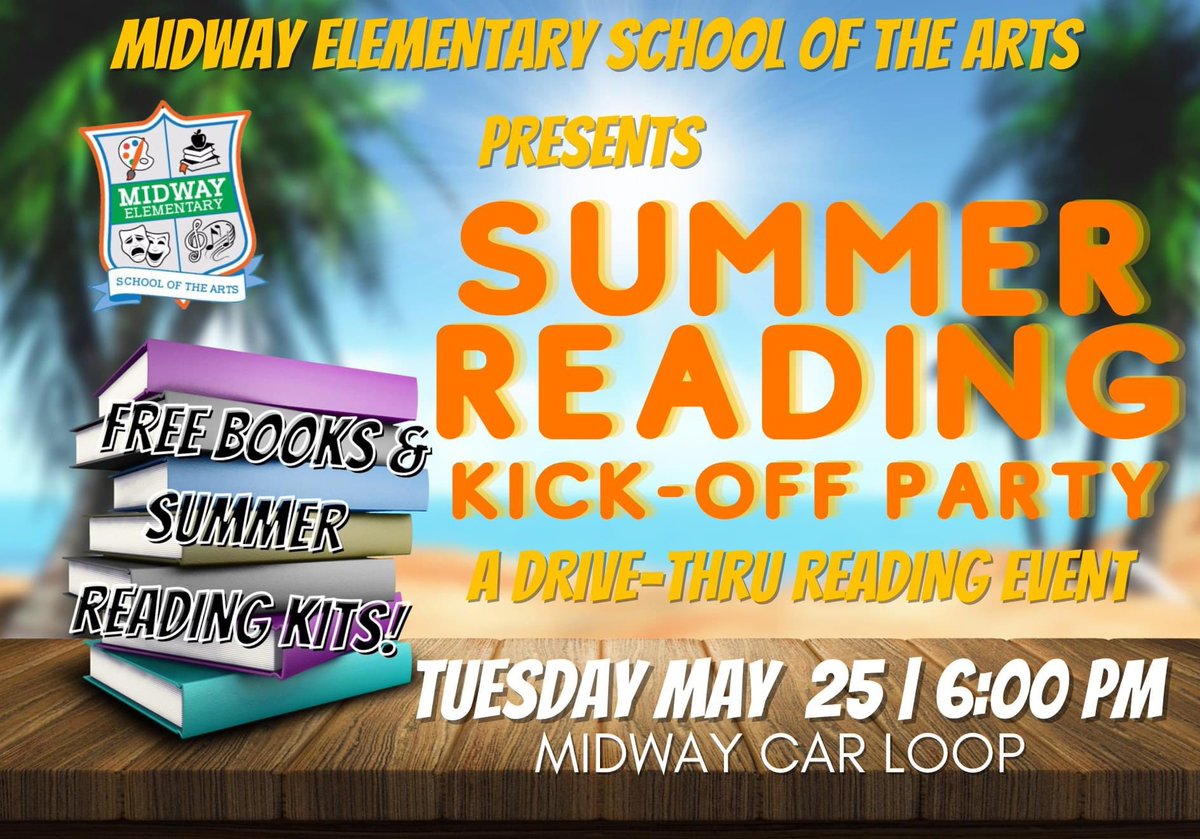 Roadrunners....Are you ready for our FINAL Drive-Thru event of the school year?

Join us TUESDAY NIGHT @ 6PM in the Midway Car Loop as we kick off the summer with our Official Summer Reading Kick-Off Party: A Drive-Thru Reading Event! 🎉📚🎉

#MidwayMagic