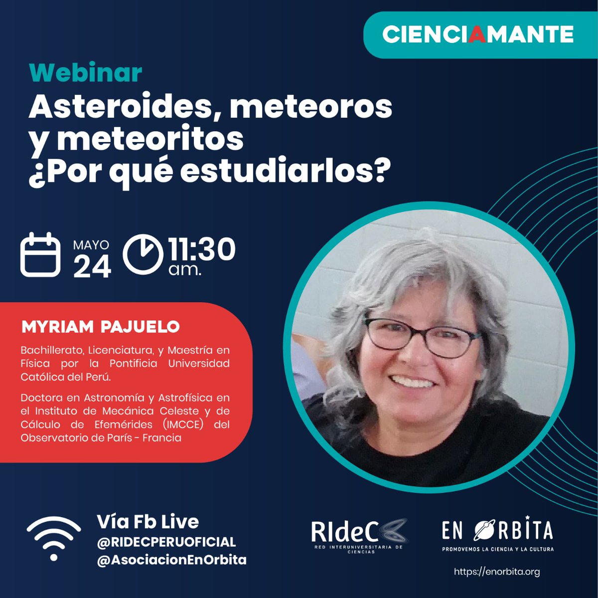 EnOrbitaOrg's tweet photo. Hoy comienza el DIA (Día Internacional de la Astronomía) infórmate acá: https://t.co/nY5TqPvHj9 
Nuestro nombre es @EnOrbitaOrg y traemos Asteroides, meteoros y meteoritos con la Dra. Myriam Pajuelo. El Lunes 24 mayo a las 11:30 am en nuestro facebook live https://t.co/la52gfbzDZ https://t.co/zMHhOoiMKk