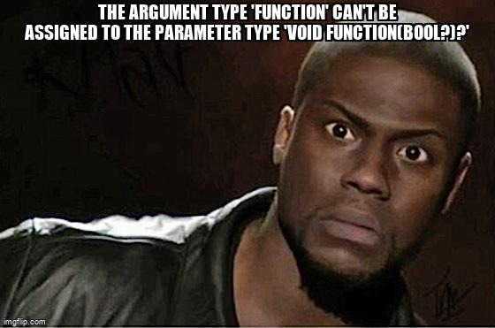 overflow_meme's tweet image. The argument type 'Function' can't be assigned to the parameter type 'void Function(bool?)?' stackoverflow.com/questions/6765… #flutterstate #flutter #statelesswidget