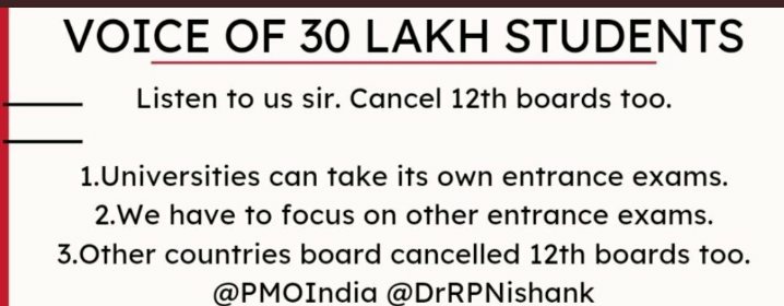 Nivbansal2403's tweet photo. CBSE ( @cbseindia29)must come up with alternate assessment methods for 12th class students
#cancelboardexams
#CancelExamsSaveStudents

FOLLOW @STUDENTSDUNION 

PLEASE CANCEL KARO BOARDS EXAMS MARKS CAN BE GIVE SAME AS THE MARKS ARE AWARDED TO 10TH BOARD

 #CancelExamsSaveStudents https://t.co/r9QEozrJbw