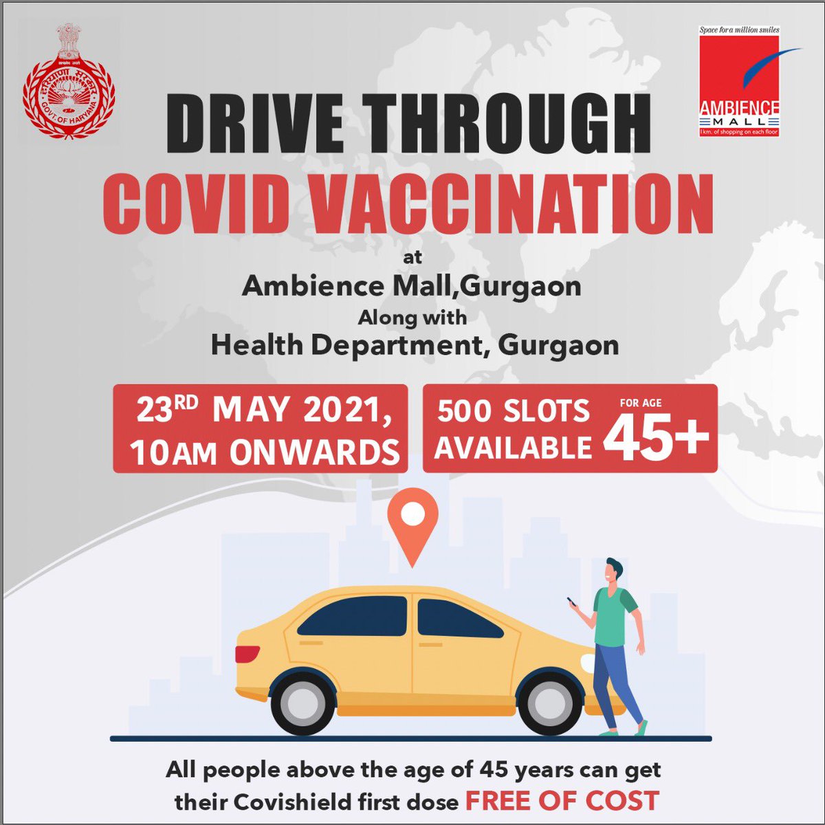 In conjunction with the Health Department, Gurgaon, Ambience Mall, Gurgaon is again going to organise “Covid 19 Vaccination Drive’ on 23rd May. It is another step along the way to protecting people from the virus and helping our local communities to get back on their feet.
