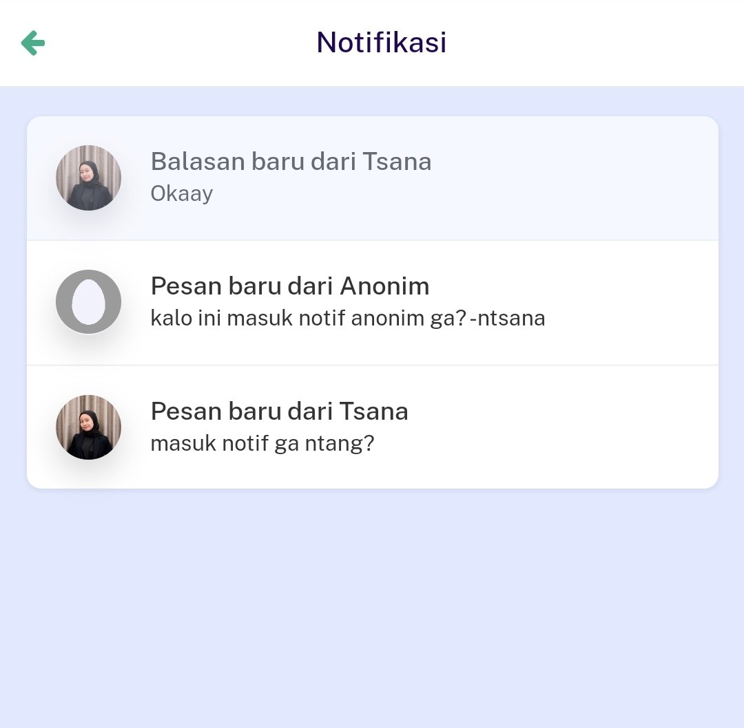 prkdlx's tweet photo. Fitur Notifikasi Profile

Skrg kamu bakal nerima notif setiap ada pesan baru atau ketika pesan kamu dpt balesan. Meskipun pesan ga ditampilkan, sender tetap dapat melihat respon dari org yg dikirimi pesan (pict 3).

Wdyt? Is it helpful? Drop ur comments below &amp; check ur profile! https://t.co/Obhdyas1EN