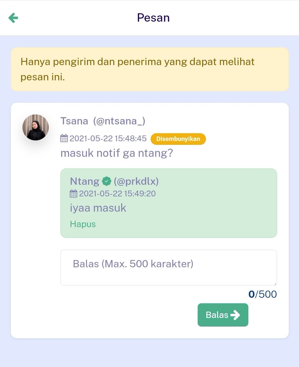 prkdlx's tweet photo. Fitur Notifikasi Profile

Skrg kamu bakal nerima notif setiap ada pesan baru atau ketika pesan kamu dpt balesan. Meskipun pesan ga ditampilkan, sender tetap dapat melihat respon dari org yg dikirimi pesan (pict 3).

Wdyt? Is it helpful? Drop ur comments below &amp; check ur profile! https://t.co/Obhdyas1EN