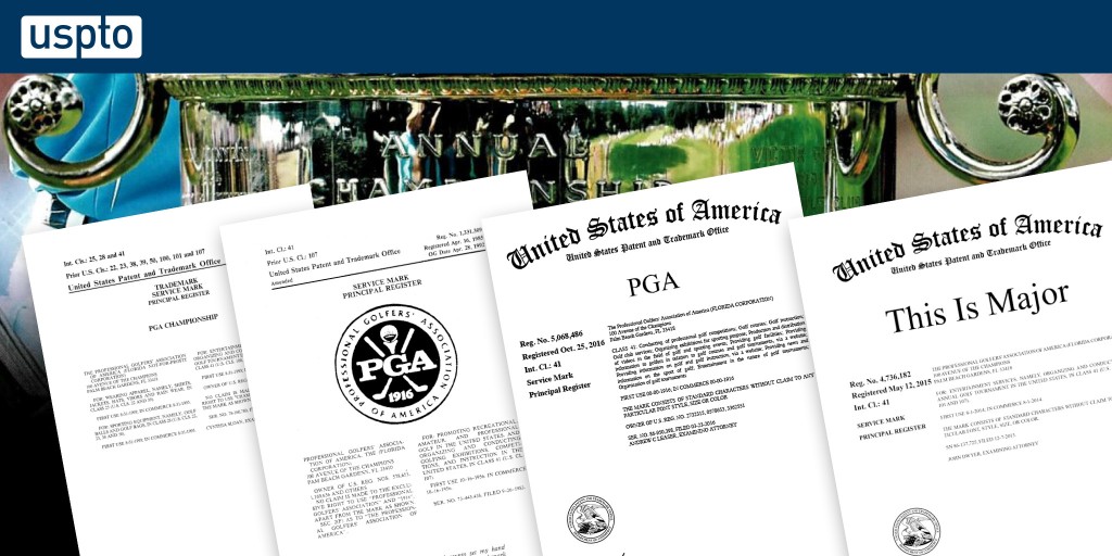 uspto's tweet photo. FORE! No, FOUR: heads up for these 4 marks associated w/ the second major championship of the year. Trademark protection isn't as elusive as a hole in 1, so tee it up & take a shot @ getting a ®. For us, registering trademarks is par for the course. #MarkTheCompetition #PGAChamp https://t.co/X6onW1DqAn