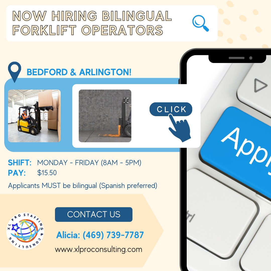 XLProStaffing's tweet image. --&amp;gt; NOW HIRING Bilingual Forklift Operators in Bedford &amp;amp; Arlington! Contact Alicia for your consultation: (469) 739-7787
#newjobsdallas #gethiredfast #easyapply #lightindustrialjobs #warehousingjobs #dfwjobs