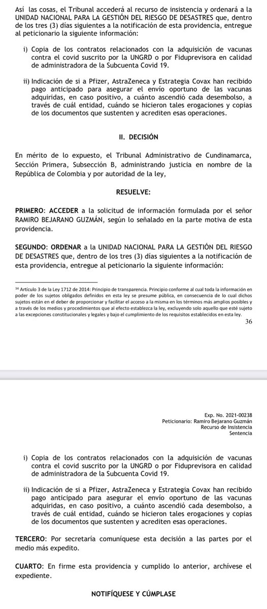 RamiroBejaranoG's tweet photo. Tribunal Administrativo de Cundinamarca, mediante fallo del 13 de mayo conocido hoy, atendió favorablemente mi insistencia  para obligar al Gobierno a entregar los contratos que celebró para comprar las vacunas del Covid, que tanto se ha negado a publicar. https://t.co/10cFzAxgAI